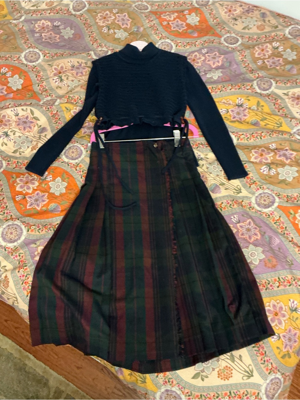 Classic Plaid A-Line Maxi Skirt - Black & Dark Green